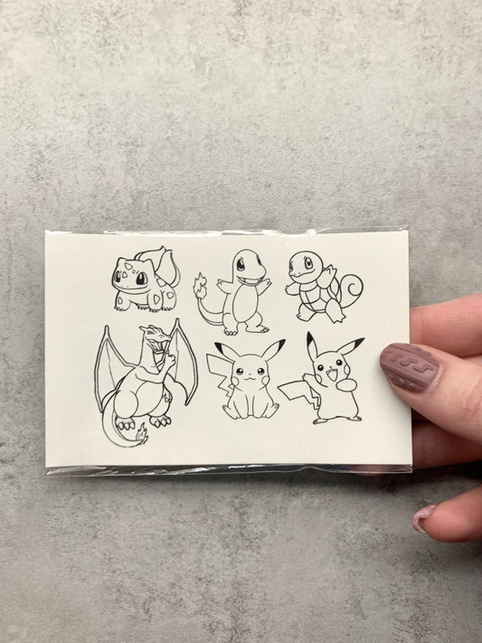 Pokémon Outlined (Pickachu, Squirtle, Charmander, Bulbasaur, Charizard) - Temporary Tattoo