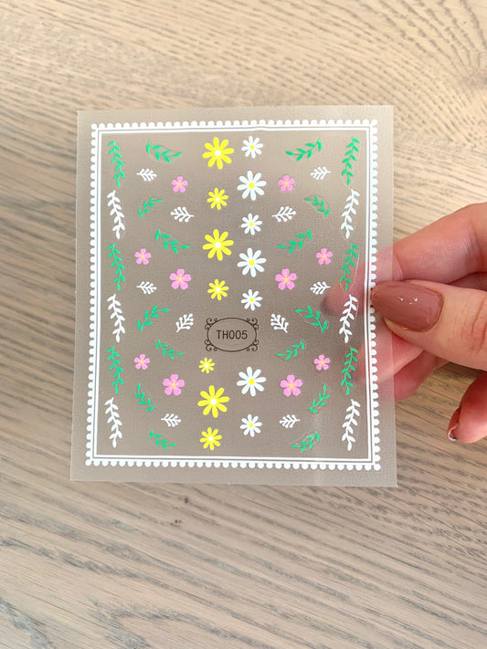 Nail Decals/Stickers - Border Yellow White Pink Flowers and Leafs