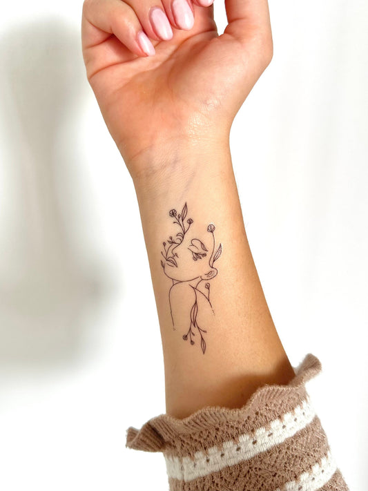 Floral Women Face Silhouette (set of 2) - Temporary Tattoo