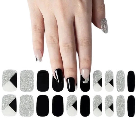 UV/LED Gel Nail Stickers | Semi Cured | Black Silver Glitter Tips | 20 Gelpolish Nail Wraps